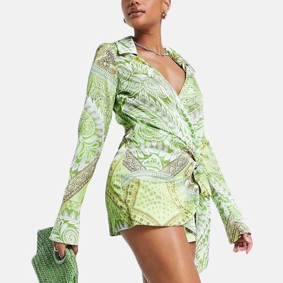 ASOS Pants - ASOS DESIGN EUC heavy satin wrap knot front romper in Paisley print Size 12